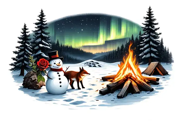 a winter landscape with a snowman, the northern lights, a rose, a fox, campfire, and dinosaur fossil tattoo design idea