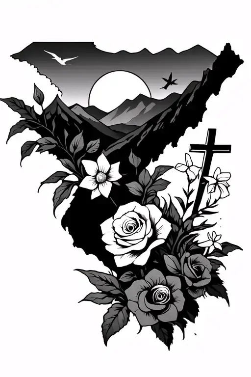 rolling mountains, stream, sunset roses, daffodils, cross, flying WV tattoo design idea
