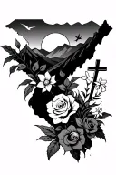 rolling mountains, stream, sunset roses, daffodils, cross, flying WV tattoo design idea