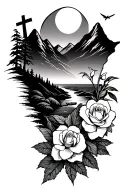 rolling mountains, stream, sunset roses, daffodils, cross, flying WV tattoo design idea