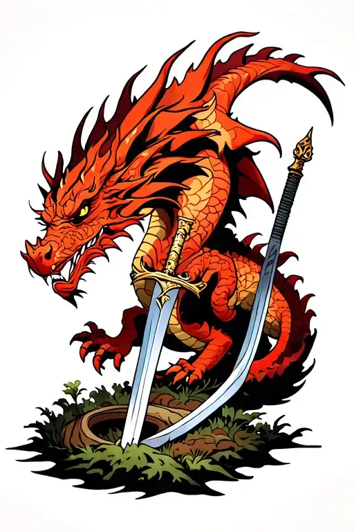 Forearm full color tattoo of Smaug (the red dragon) looming above Sting (sword) planted in the ground with the one ring  tattoo design idea