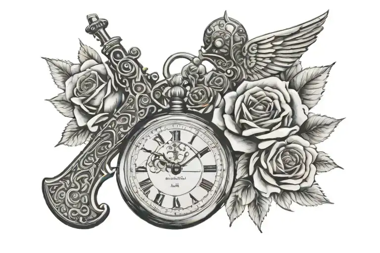 roses angel ak 47 rifle boat compas pocket watch tattoo design idea