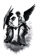 man being guided by 2 angels tattoo design idea