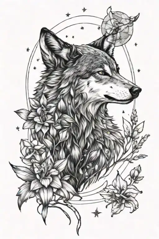 wolf and her pup surrounded by trees and iris flowers and pieces constellation  tattoo design idea