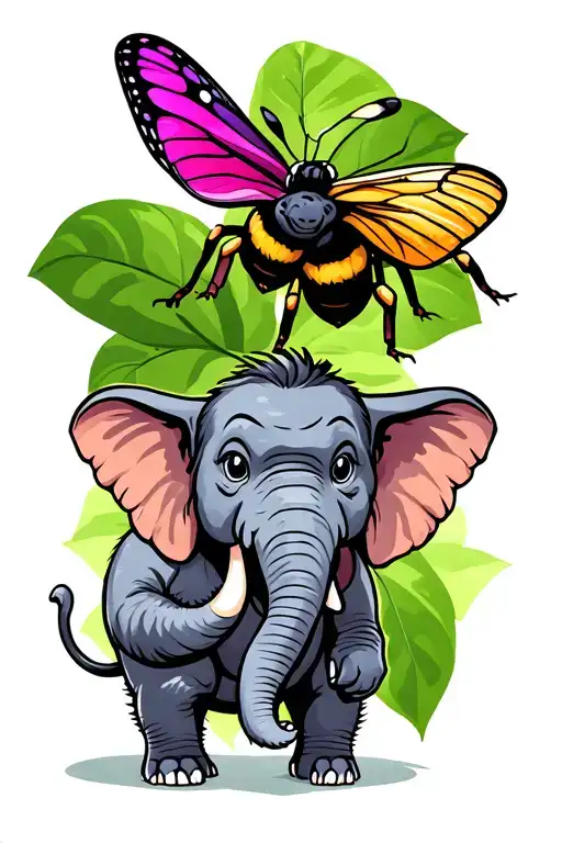 Bumbleebee, pink and purple butterfly, a chunky monkey, and a wise elephant standing separately  tattoo design idea