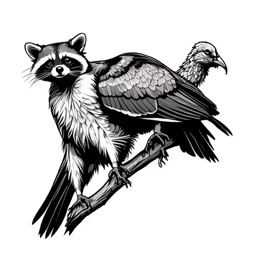Racoon holding a turkey vulture perched tattoo design idea