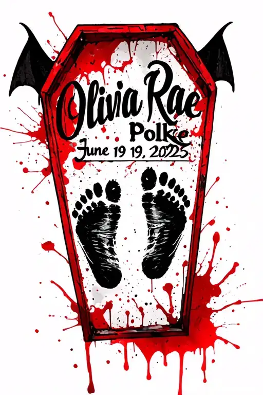 "Olivia Rae, June 19 2025" baby footprints on coffin shape frame with little bat wings next to footprints tattoo design idea