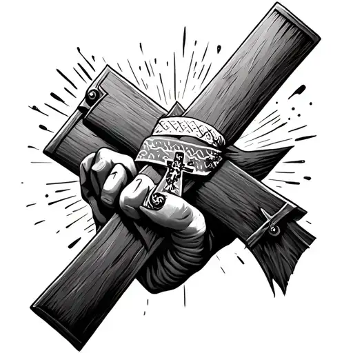 HAND HOLDING A CROSS WITH A BANDANA IN THE BACKGROUND tattoo design idea