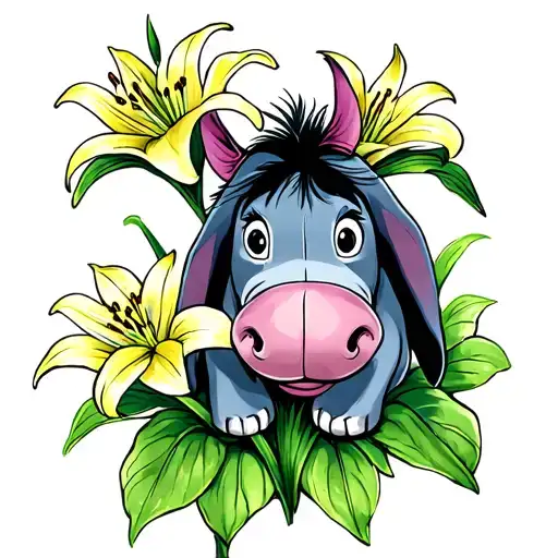 glitter eeyore with green lilies growing tattoo design idea