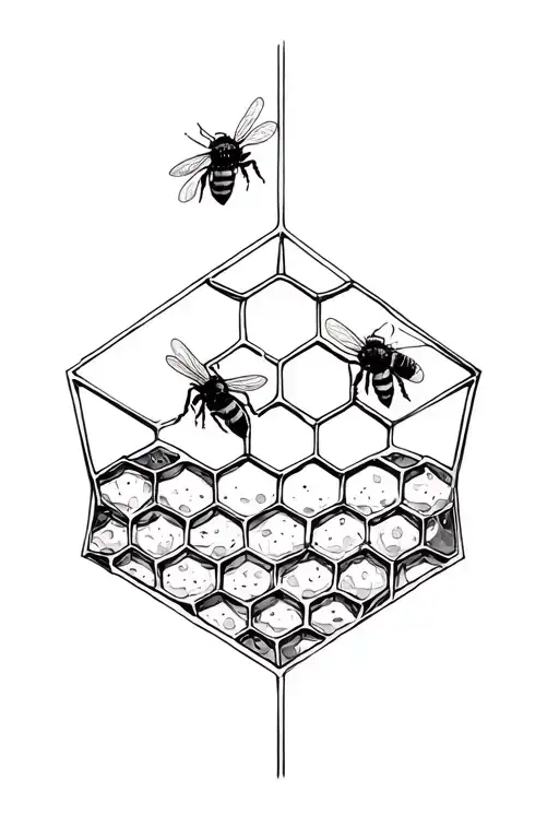 fineline geometric honeycomb with 2 small highly detailed bees making honey in the comb tattoo design idea
