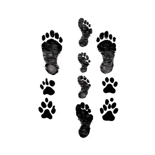 a set of human foot prints with one set of dog paw prints on either side. like (dog print) (human print) (dog print) tattoo design idea