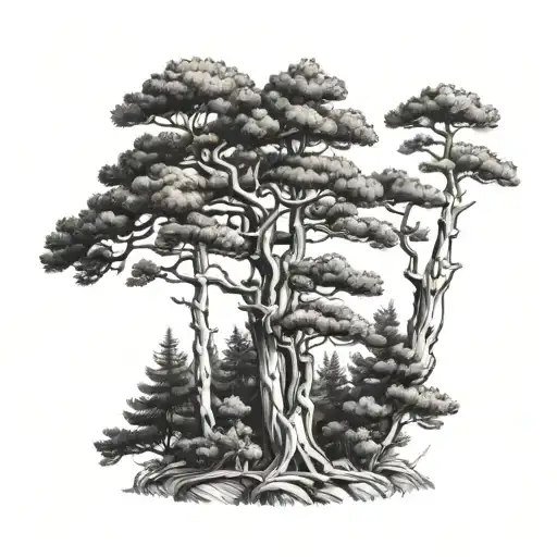 Realistic: A cluster of detailed pine trees, capturing their texture and shape. tattoo design idea
