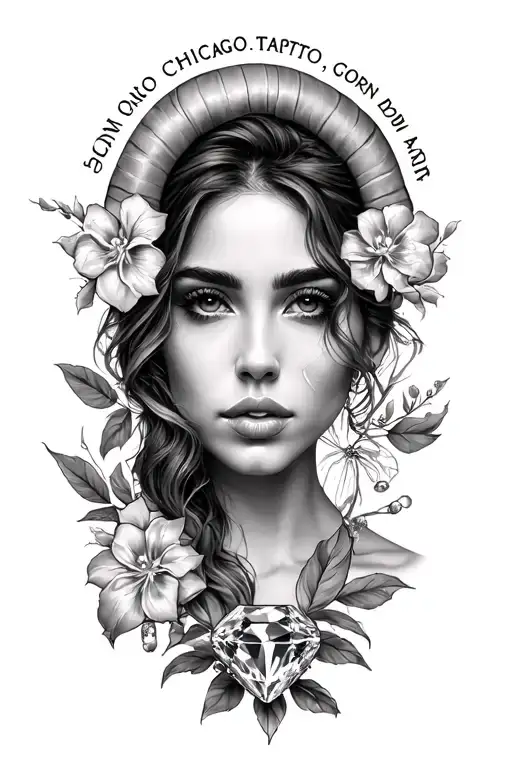 3D Tatto about me using Hometown Chicago, Born in April, Aries, Diamond birth stone. Use black and white ink only tattoo design idea