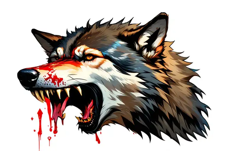 Growling wolf face with blood on its teeth, well-detailed color and wrinkles on the snout, with a triangle somewhere and tattoo design idea