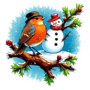 robin bird, frosty tree with a snowman  tattoo design idea