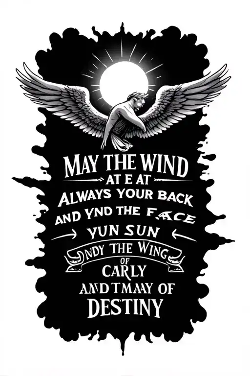 tattoo of the saying, May the wind always be at your back and the sun upon your face. And may the wings of destiny carry tattoo design idea