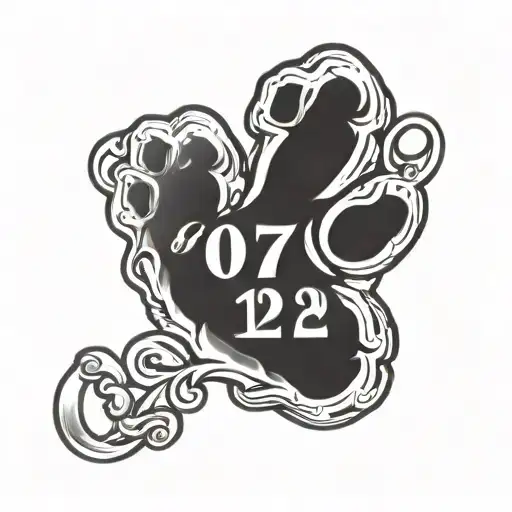a dog paw alongside the lettering 07/12-05/04 in roman numbers tattoo design idea