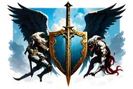 Arc angels and demons at war sword shield cross royalty tattoo design idea