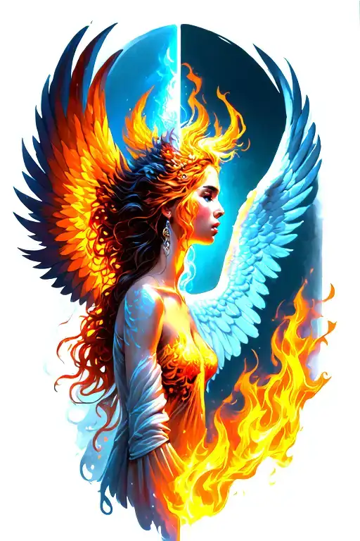 Phoenix Angel Woman half ice half fire tattoo design idea