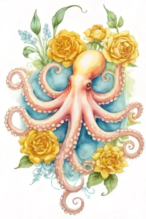 octopus, snowdrop, rose,  marigold flower tattoo design idea
