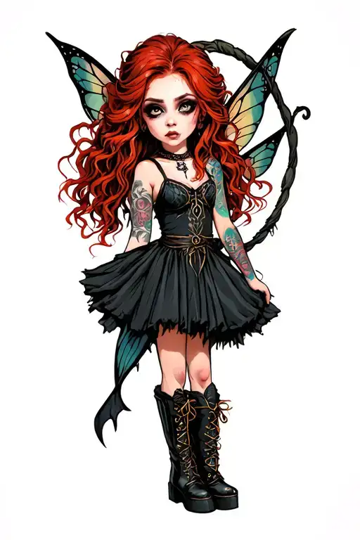 Small Gothic fairy, bright corrugated red hair to the shoulders, carbon -black eyes, stack boots tattoo design idea