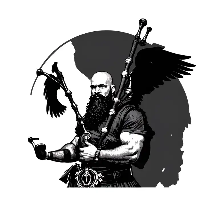 scottish bagpiper bald black beard muscular wearing glengarry pipes in arm wings tattoo design idea