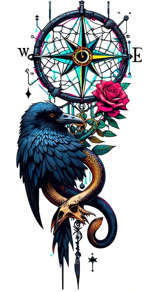 Metal, Southwest, Cactus, Dead Roses, Compass, Dreamcatcher, Cybernetic Snake, Longhorn skull, Raven tattoo design idea