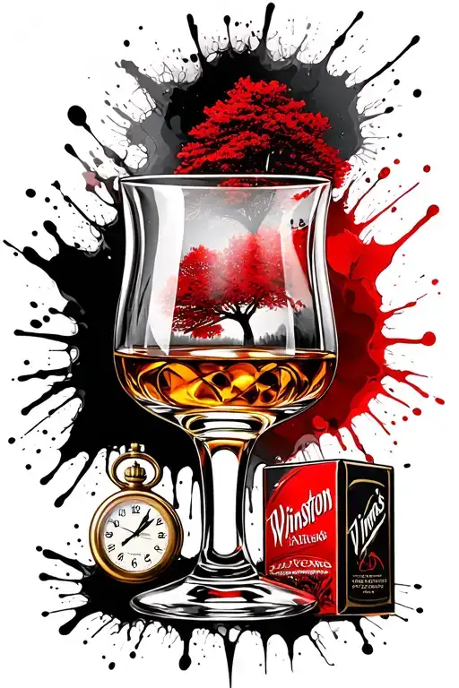 whisky glass with an oke tree, pack of Winston's cigarettes and a pocket watch  tattoo design idea