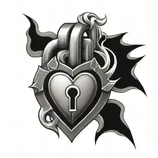 flame and heart shaped lock tattoo design idea