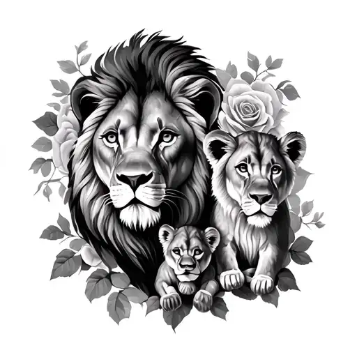 lion with a lioness and 3 cubs intertwined with roses tattoo design idea