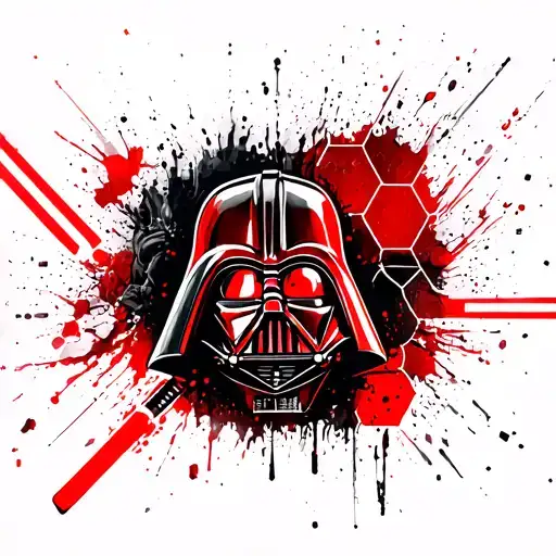 darth vader, star wars imperial symbol, hexagons, lightsaber, red paint splash tattoo design idea