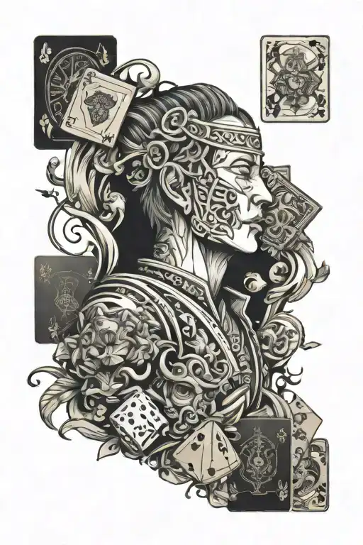 Throwing dices, cards surrounded, 777 Japanese head tattoo design idea