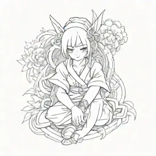 Anime theme and Japanese characters, tattoo placed on the main knee joint tattoo design idea