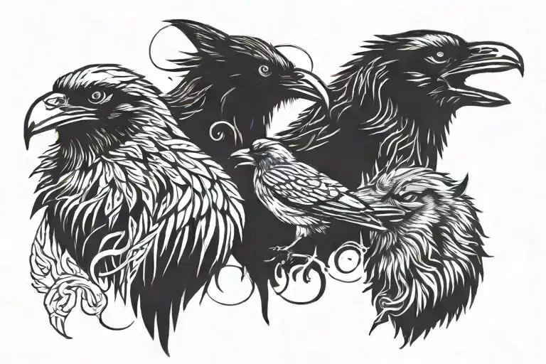 two ravens on left chest and one calm wolf on r8ght chest tattoo design idea