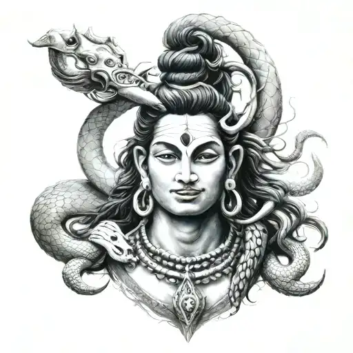 lord shiva with snake wrapped and trishul trident piercing tattoo design idea