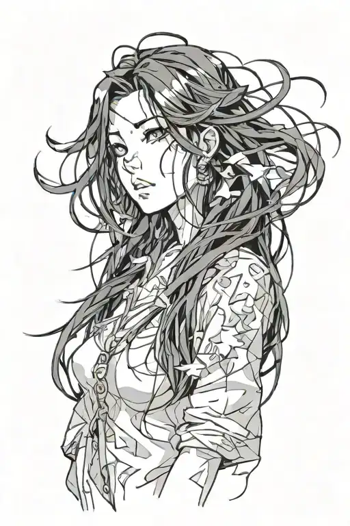 girl with long black hair looking upwards with sad expression. her face is shattered and pieces of her falling apart tattoo design idea