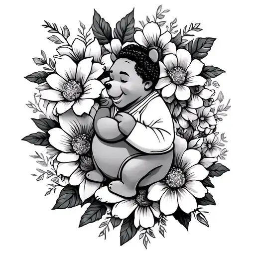 leg sleeve, Disney, Winnie the Pooh, flowers, Mandela, spiritual tattoo design idea