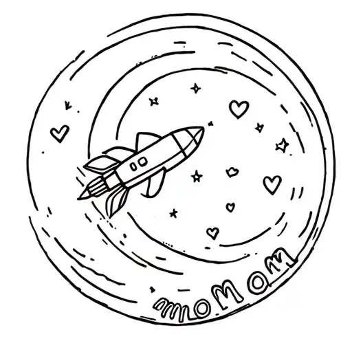 Moon with a rocket ship going around with a heart on the rocket and the word mom incorperated somewhere tattoo design idea