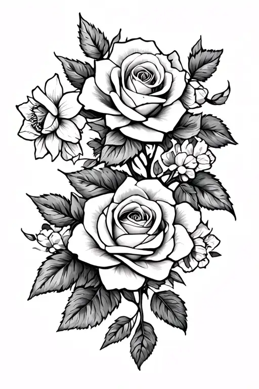 Tattoo going from collarbone to the shoulder and flowing down the arm of roses and daffodils all on a vine with bustems  tattoo design idea
