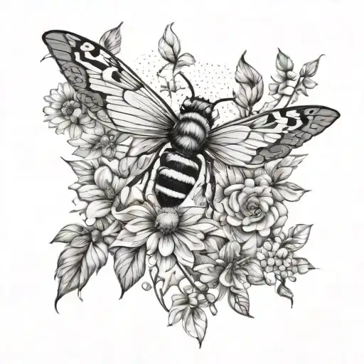 sleeve tattoo with honeycomb, bees, moth, butterflies, flowers and plants tattoo design idea