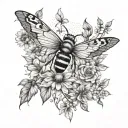 sleeve tattoo with honeycomb, bees, moth, butterflies, flowers and plants tattoo design idea