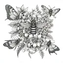 sleeve tattoo with honeycomb, bees, moth, butterflies, flowers and plants tattoo design idea
