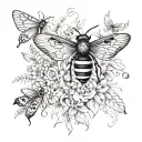 sleeve tattoo with honeycomb, bees, moth, butterflies, flowers and plants tattoo design idea