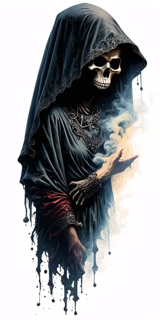 Hooded Reaper Silohuette, Smoke, shadow, ethereal, terrifying, dark, goth, grungy, esoteric tattoo design idea
