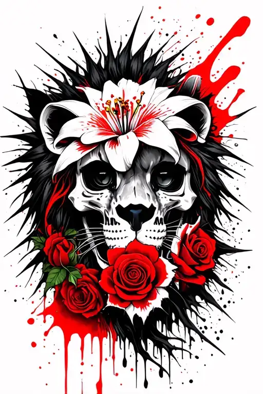 LEO/LION,  BLACK AND RED, SPIDER LILY, SPIKEY ROSES, BLOODY, GRIM REAPER, DEATH, LIKE YAKUZA FOR BACK TATTOO  tattoo design idea