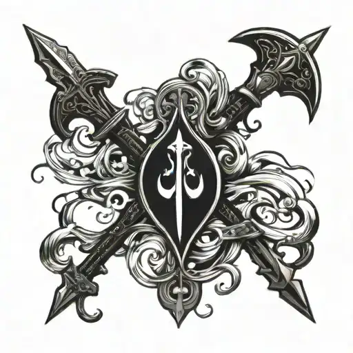 Create A Idea of A Monochrome Tattoo Consist Of: •A Trident With Damru •Water Bearer Of Aquarius Pouring Water Having A  tattoo design idea