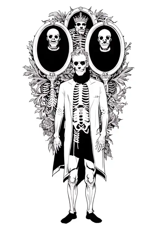 A man standing in front of the three mirrors standing the left of the king inside the mirror right side of the skeleton in the middle of the mirror tattoo design idea