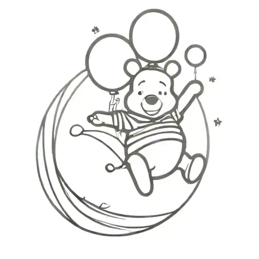 Winnie the pooh with a halo over his head with balloons tattoo design idea