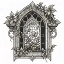 medieval gothic window, with vines growing up it, becoming flowers towards the top tattoo design idea