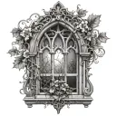 medieval gothic window, with vines growing up it, becoming flowers towards the top tattoo design idea